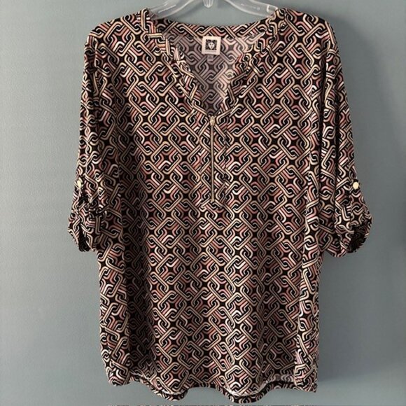 Anne Klein XL Zip Front Black Tan Blouse Geometric Roll Tab V Neck Whimsygoth - Picture 1 of 5